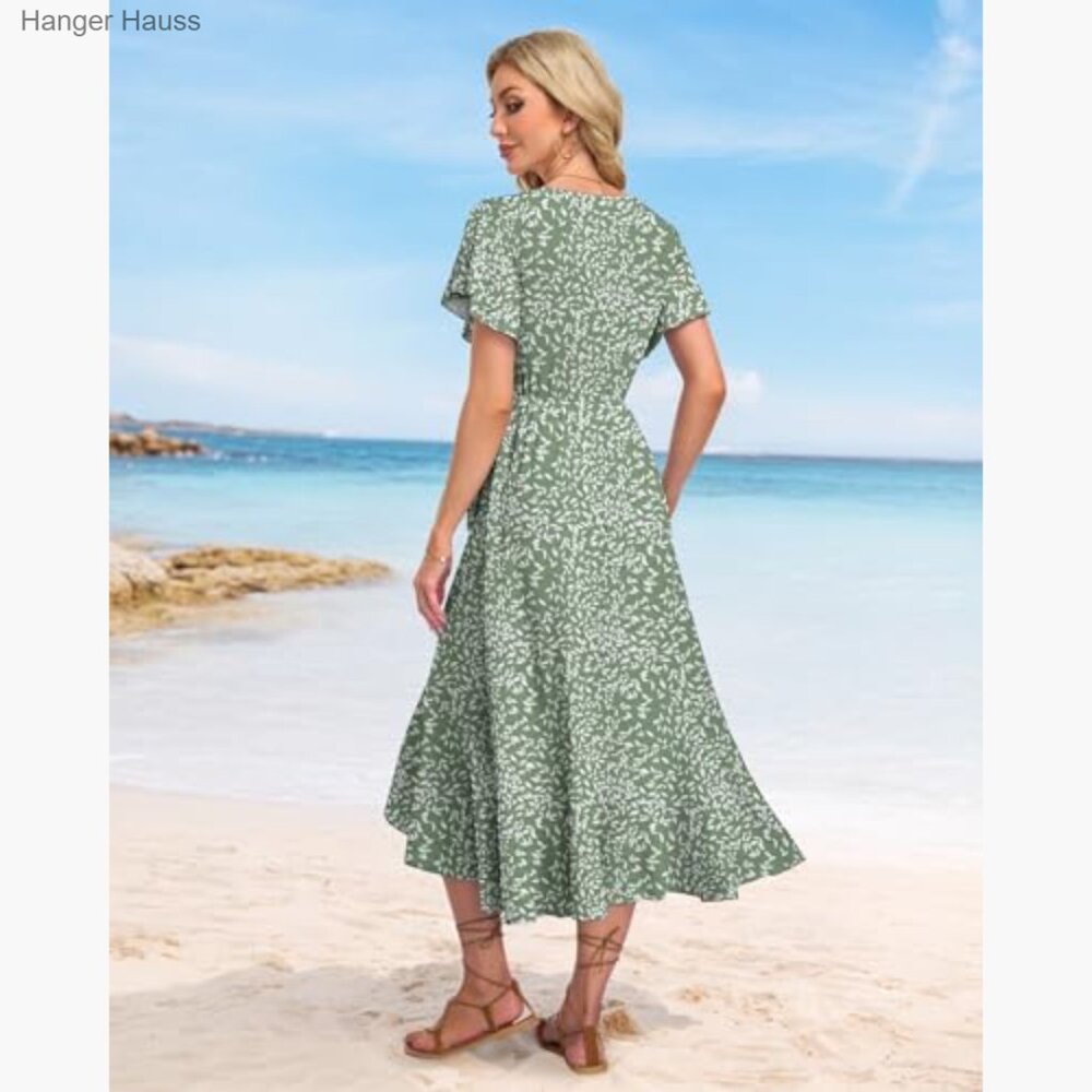Summer Midi Dress Wrap V-Neck Flutter Sleeve Ruffle Slit Formal - Picture 5 of 6